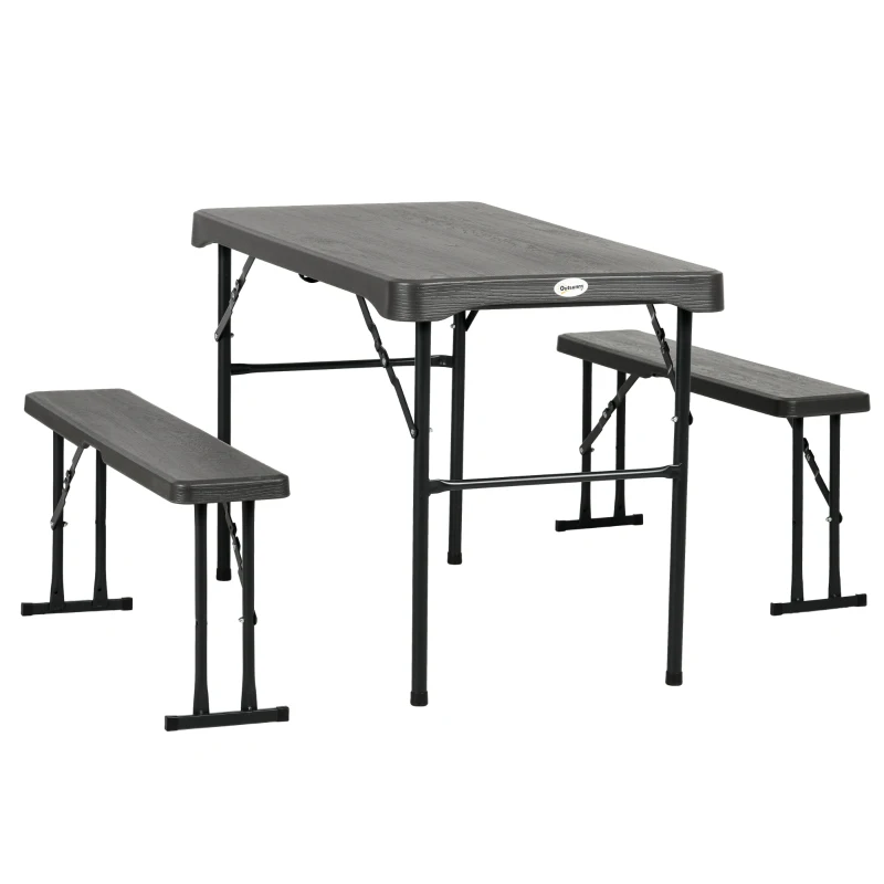 Outsunny Folding Picnic Table with 2 Benches, 3-Piece Portable Garden Furniture Set for 4, Dining Table Set with Plastic Top, Steel Frame, Dark Grey
