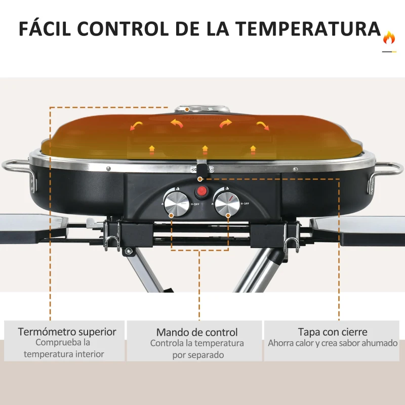Outsunny Barbacoa de Gas Plegable 2,34 KW con 2 Quemadores 2 Ruedas Parrilla Metálica y Mesas Laterales 100x41,6x82,5 cm Negro
