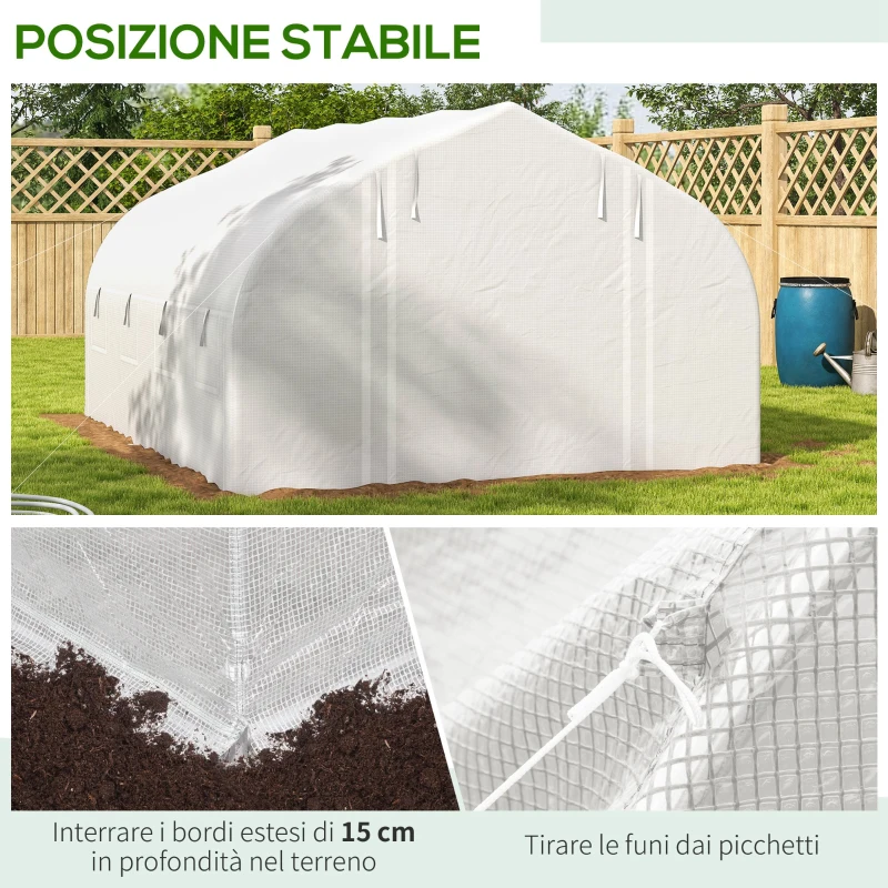 Outsunny Serra da Giardino 4x3m a Tunnel con Copertura in PE, Porta e 8 Finestre Avvolgibili, Bianco