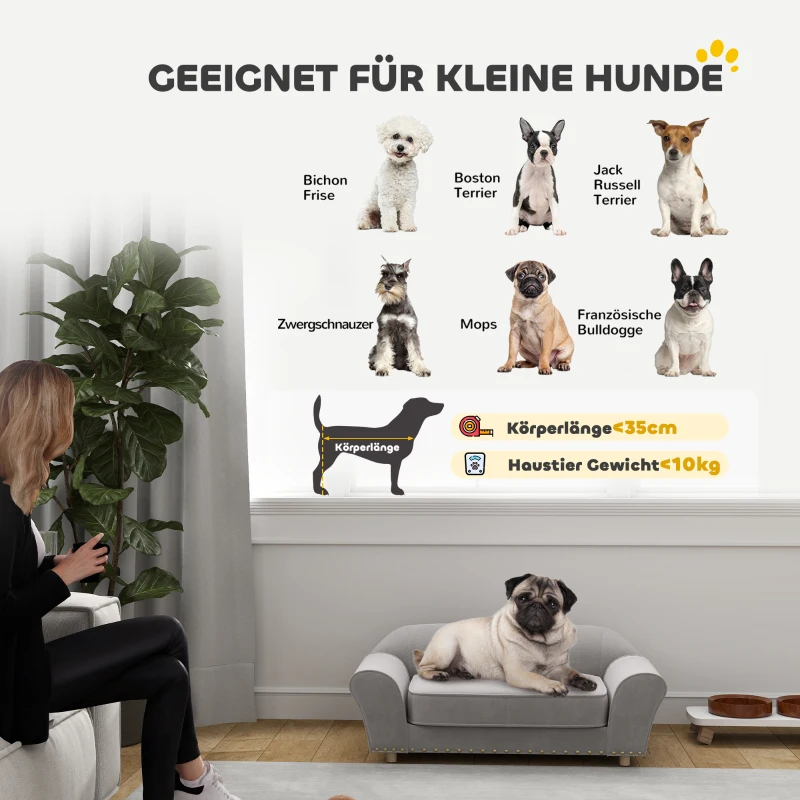 PawHut Hundesofa, Hundebett mit Nieten, dickes Kissen, abnehmbarer Bezug, rutschfeste Füße, 86,5x52,5x33 cm, Grau