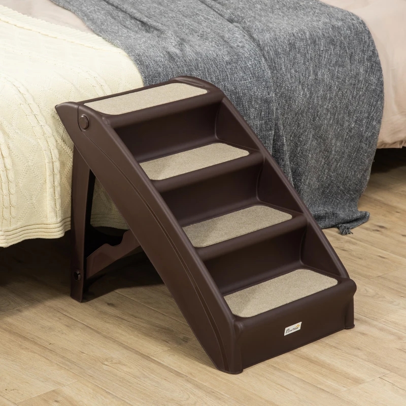 PawHut Foldable Four-Step Pet Stairs, for Cats, Small Miniature Dogs, with Non-Slip Mats 62 x 38 x 49.5cm - Brown