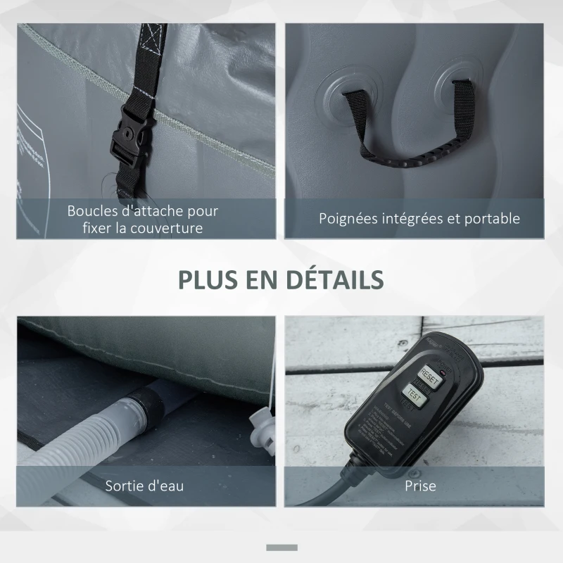 Outsunny Spa Gonflable Rond - 930 litres 108 Jets de Massage - 4 Personnes avec bâche, 2 Cartouches filtrantes - Liner PVC Blanc Gris