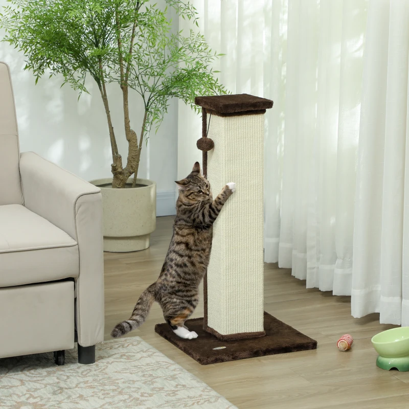 PawHut 81cm Cat Scratcher, Vertical Full Scratcher w/ Natural Sisal Rope, Hanging Ball, Soft Plush - Brown