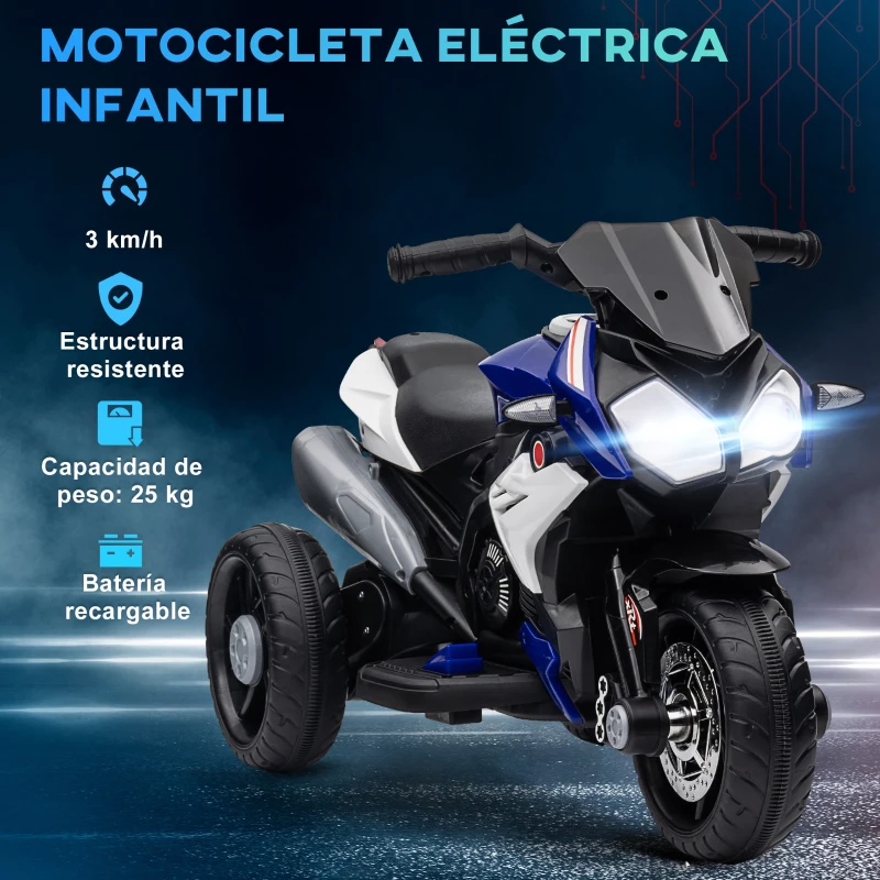 HOMCOM Moto Eléctrica Infantil con 3 Ruedas con Batería 6V Recargable Funciones de Música Bocina Faros 86x42x52 cm Negro y Azul