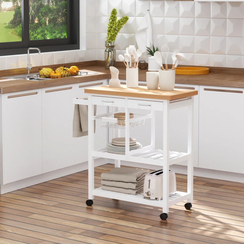 HOMCOM Chariot de service desserte de cuisine à roulettes multi-rangements 85L x 37l x 85H cm plateau bois massif pin châssis MDF blanc