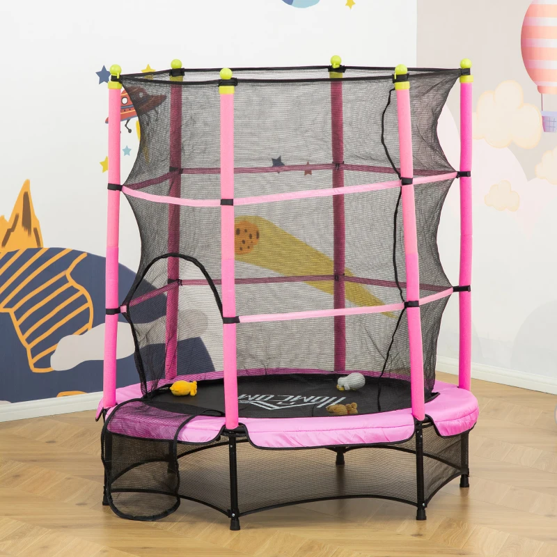 HOMCOM Trampolino da Giardino per Bambini 3-6 Anni Φ140x160cm, Tappeto Elastico con Rete, Bordo Imbottito e Corde Elastiche, Rosa e Nero