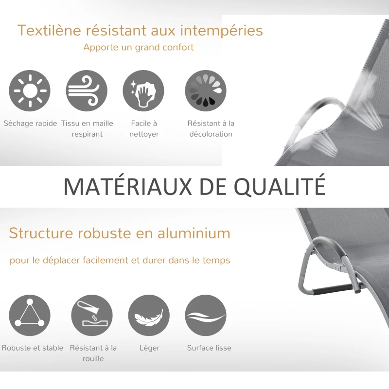 Outsunny Chaise longue bain de soleil de jardin avec appui-tête design ergonomique grand confort léger moderne aluminium txtilène 160 x 60 x 65 cm gris foncé