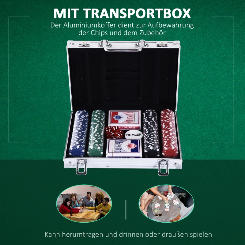 HOMCOM Pokerkoffer Pokerset 200 Pokerchips 2xKartenspiel 5xWürfel 1xAlukoffer Poker Set Jetons Koffer Alu+ Polystyrol 29,5x20,5x6,5 cm