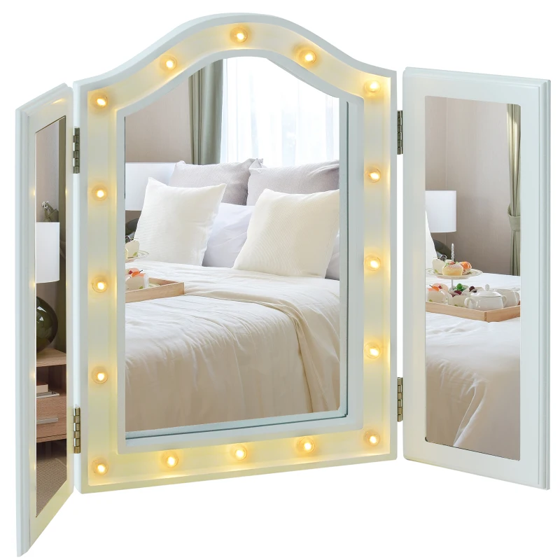 HOMCOM Trifold Freestanding Mirror, Lighted Tabletop Vanity Mirror Large Cosmetic w/16 LED Lights powered by batteries Foldable For Bedroom- White