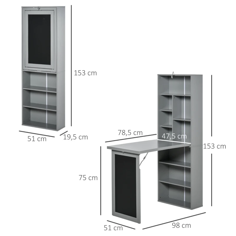 HOMCOM Schreibtisch Esstisch klappbar mit 6 Fächer Bücherregal mit 3 Regale Computertisch Bürotisch E1 Spanplatte Metallrahmen Dunkelgrau 98 x 51 x 153 cm