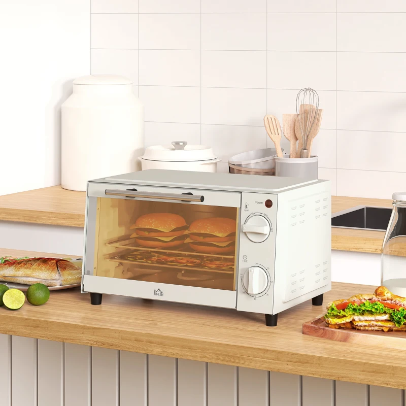 HOMCOM Minibackofen, 9 L Mini-Ofen mit Backblech, Grillrost, mit einstellbarer Temperatur und Garzeit, Edelstahl, Cremeweiß(m-8)