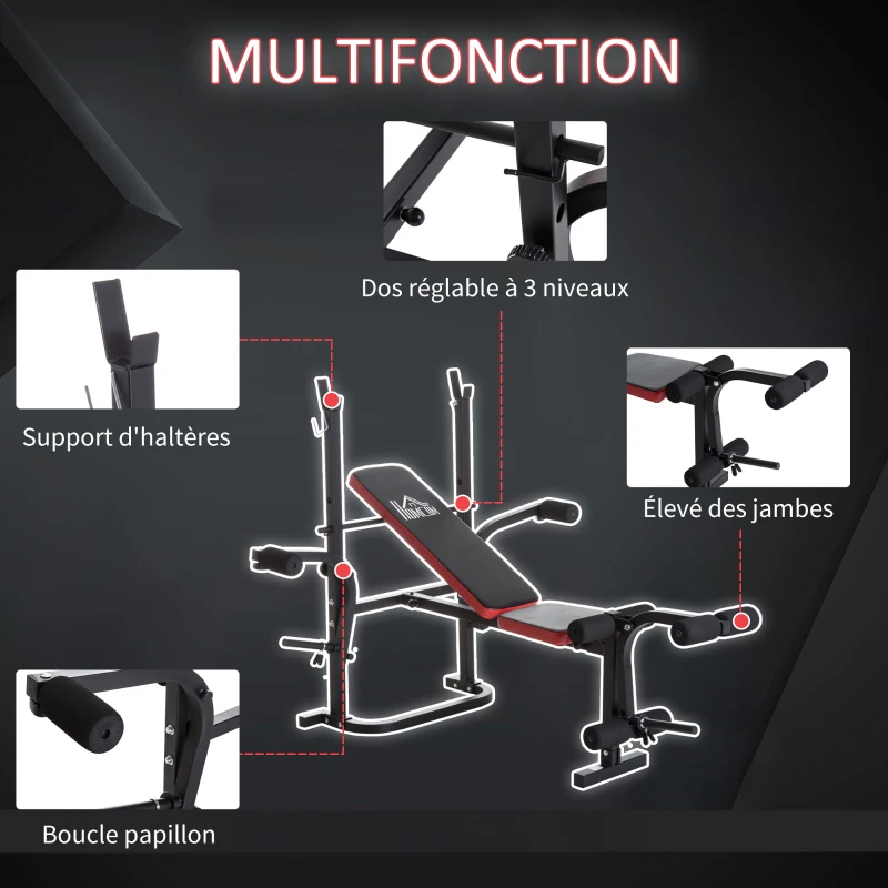 HOMCOM Banc de musculation Fitness entrainement complet avec support d'haltères dossier réglable acier revêtement synthétique 128 x 155 x 112 cm noir et rouge