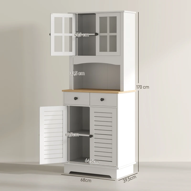HOMCOM Küchenschrank mit Glastüren, 2 Schubladen, Geschirrschrank, Esszimmerschrank, Holz, 68 x 39,5 x 170 cm, Weiß(m-3)