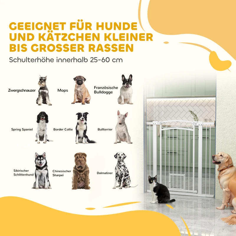 PawHut 106 cm hohes Haustiergitter mit anpassbarer Breite, integrierte Katzentür, für Treppen und Türrahmen, Weiß