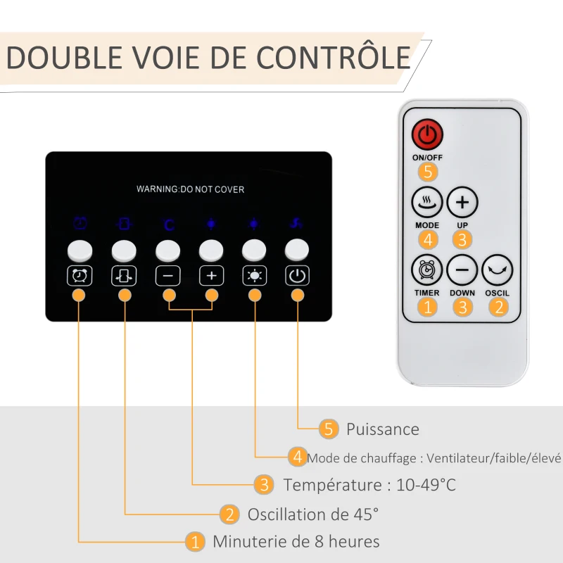 HOMCOM Chauffage d'appoint 1000W/2000W PTC chauffage électrique LED tactile 45° oscillation minuterie 8H télécommande blanc