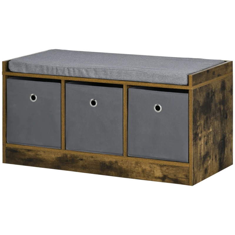 HOMCOM Banc à chaussures design industriel - 3 tiroirs et coussin polyester gris inclus