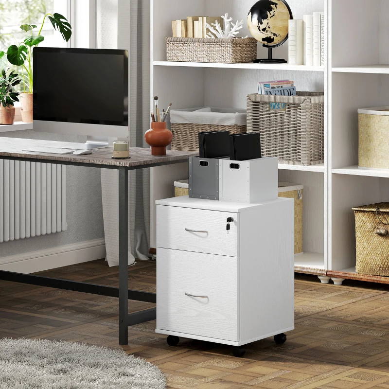 HOMCOM Two Drawer Lockable Filing Cabinet - White Wood Grain