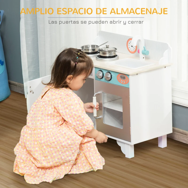 HOMCOM Cocina de Juguete de Madera para Niños de +3 Años Cocinita Infantil con 5 Accesorios Armarios de Almacenaje Estufa Grifo y Fregadero Extraíble 57x28x55 cm Blanco