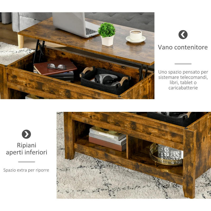 HOMCOM Tavolino da Salotto in Stile Industriale con Vano Contenitore e Piano Sollevabile in Legno, 105x50x49cm, Marrone Rustico