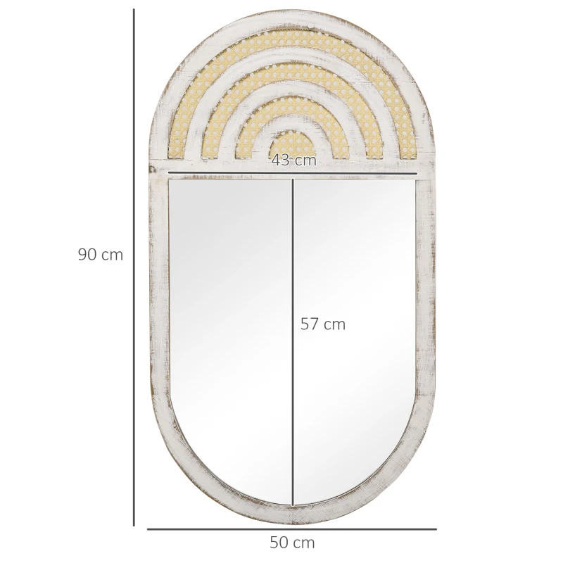 HOMCOM Wandspiegel, Rattan-Dekor, Haken für Wandmontage, weiß, 50 x 90 x 3 cm