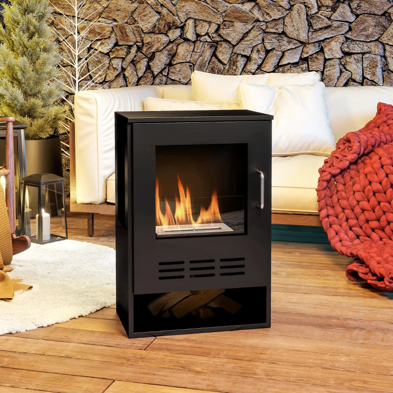 HOMCOM Camino a Bioetanolo Autoportante con Bruciatore da 0.9L e Durata 3.3 Ore, 44x28x68 cm, Nero