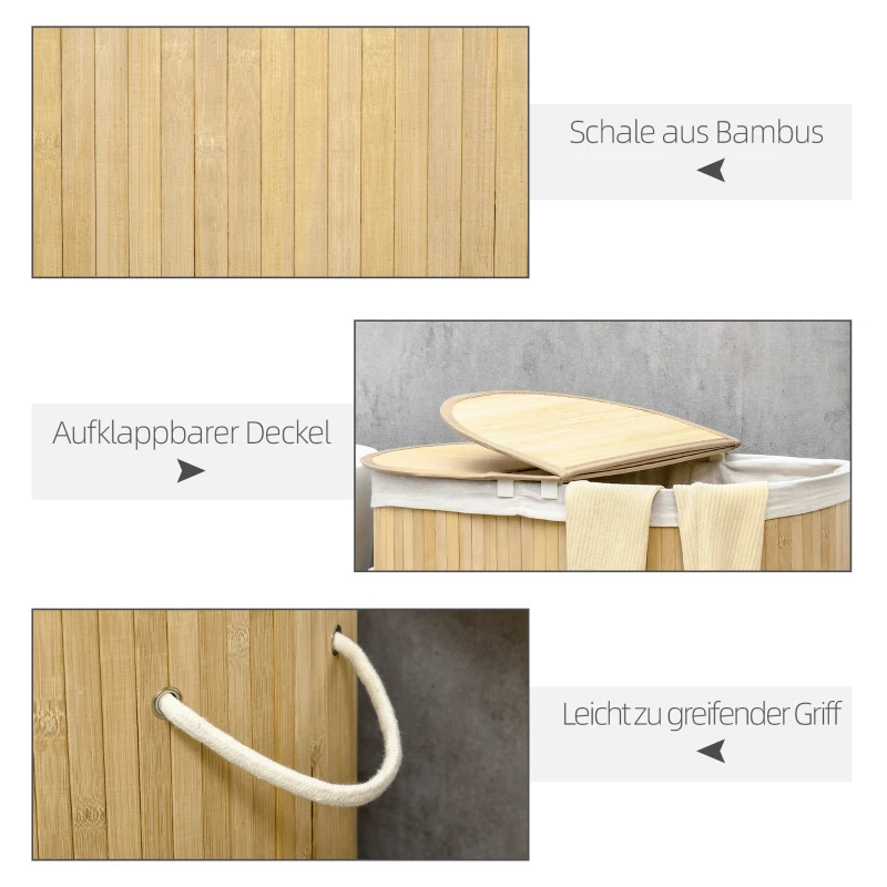 HOMCOM Wäschekorb 100L mit herausnehmbaren Wäschebank 62,5 cm x 37 cm x 60,5 cm Natur + Weiß