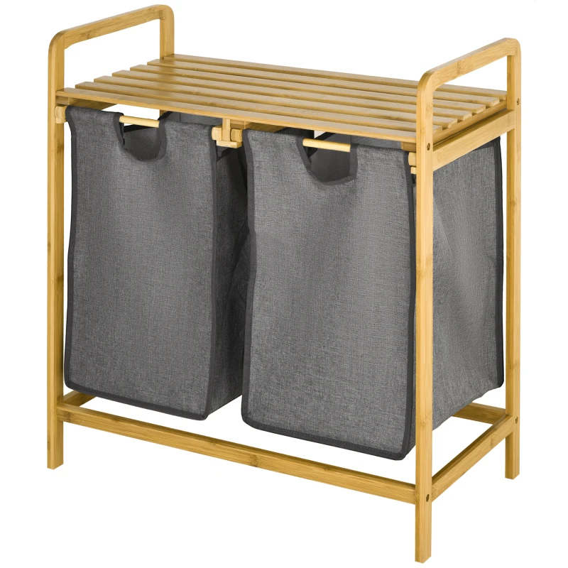HOMCOM Wäschesammler Wäschekorb, 2 Wäschesäcke, 2 Griffe, Bambus, 63,5 x 33 x 73 cm, Grau + Natur