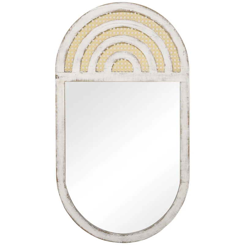 HOMCOM Wandspiegel, Rattan-Dekor, Haken für Wandmontage, weiß, 50 x 90 x 3 cm