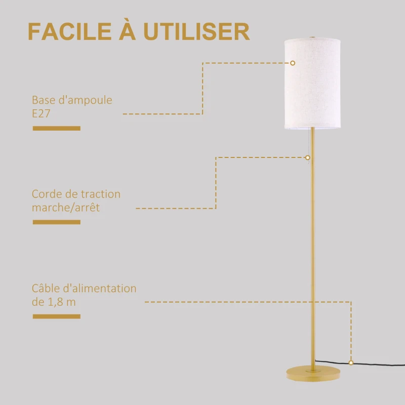 HOMCOM Lampadaire design 40 W max. piètement mât acier doré abat-jour lin crème dim. 25,5 x 25,5 x 157 cm doré et beige