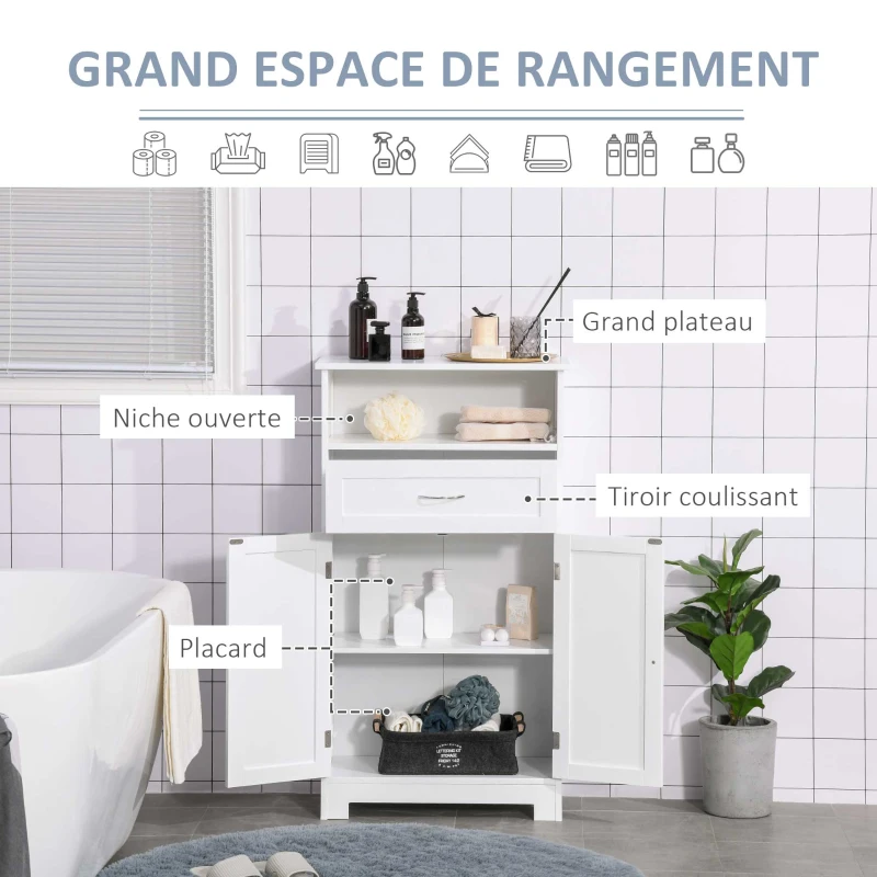 kleankin Meuble Bas de Salle de Bain sur Pied 2 Portes étagère tiroir Niche MDF Blanc