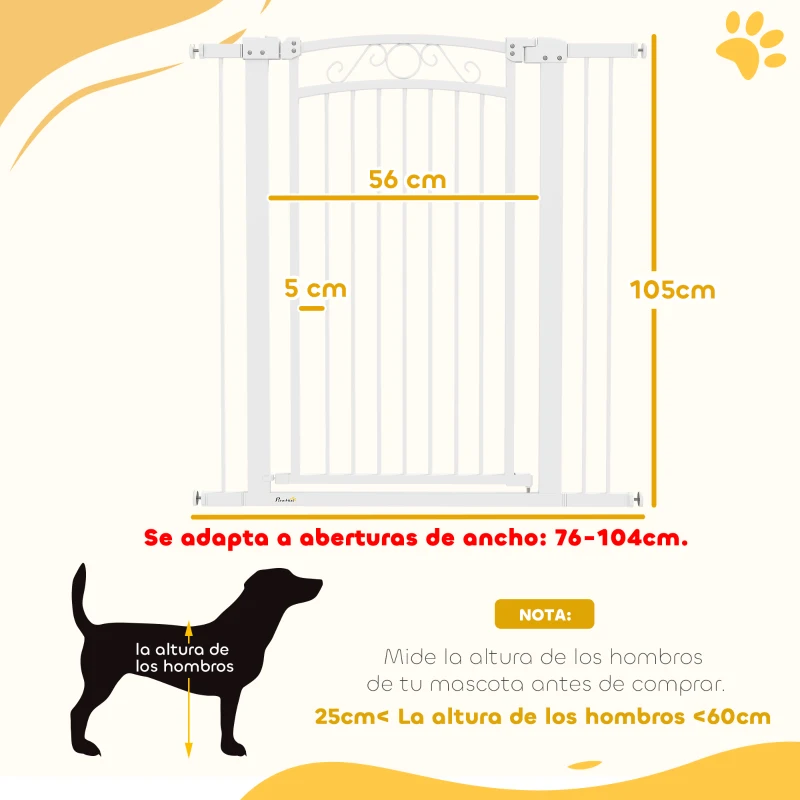 PawHut Puerta para Perros con Ancho Ajustable 76-104 cm Barrera de Seguridad con 2 Extensiones y Doble Bloqueo Blanco