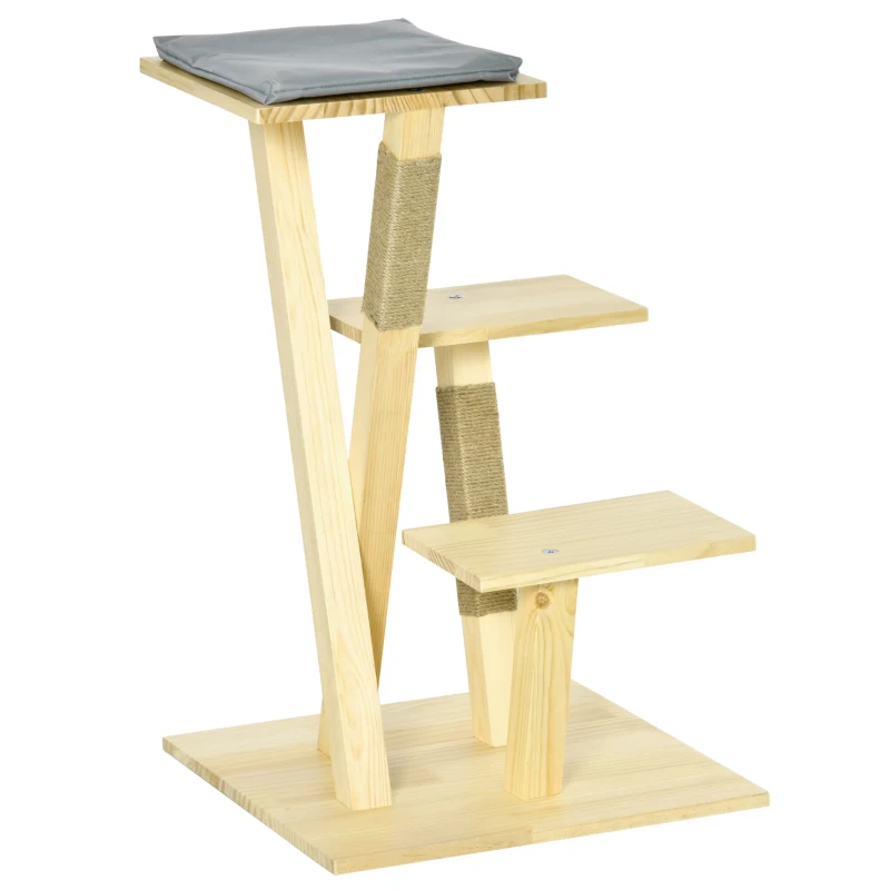 PawHut Kratzbaum aus Holz für drinnen und draußen Katzenbaum Kletterbaum mit Jute Katzenmöbel Kratzbrett mit Kissen 3 Plattformen Katzenspielzeug stabil Natur 48 x 48 x 78 cm