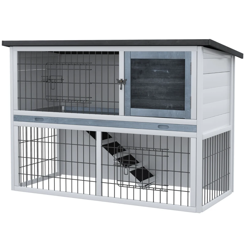 PawHut 2-Tier Wooden Rabbit Hutch Guinea Pig House Bunny Cage Backyard w/ Openable Roof Small Animal House for Outdoor Grey, 108 x 45 x 78 cm