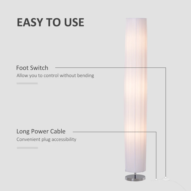 HOMCOM 160 CM Tall Cylindrical Modern Free Standing Floor Lamp for Bedroom, Study or Living Space with Polyester Fabric  Shade White