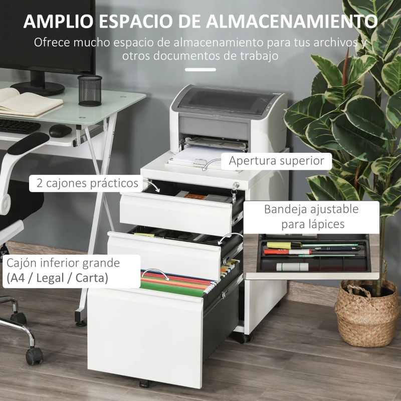 Vinsetto Cajonera de Oficina con Ruedas Mueble con Cerradura 2 Cajones y 1 Archivador para Tamaño A4 Carta 39x48x60 cm Blanco