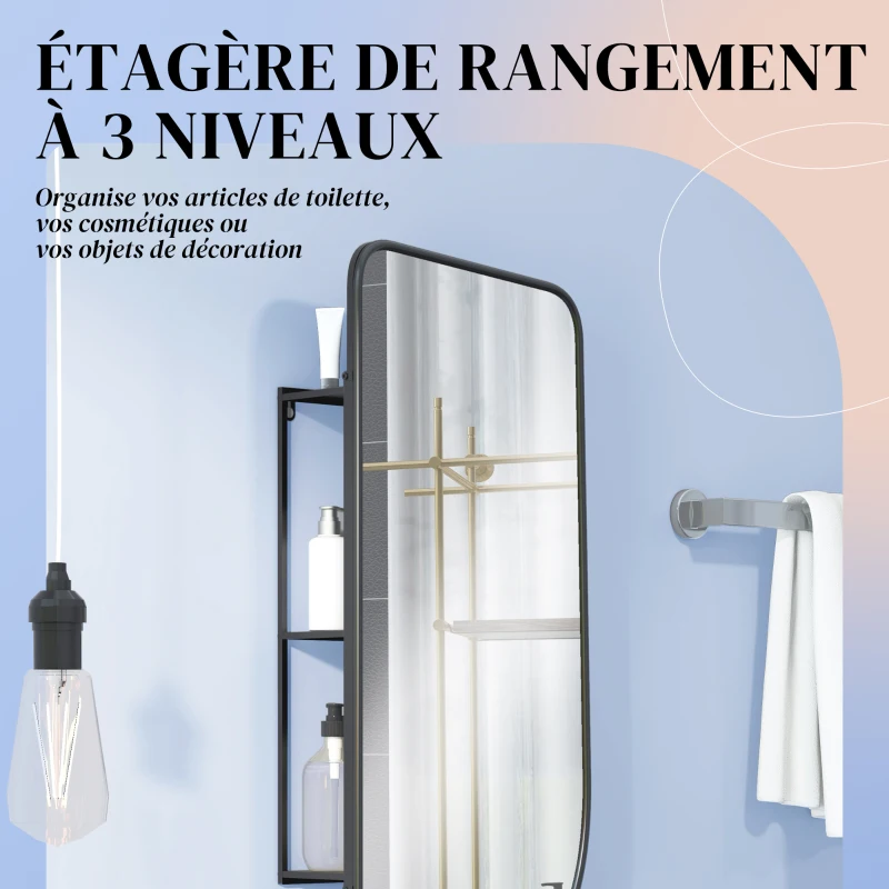 HOMCOM Miroir mural forme organique avec 3 étagères de rangement pour salle de bain, cadre en métal noir, dim. 40 x 86 cm