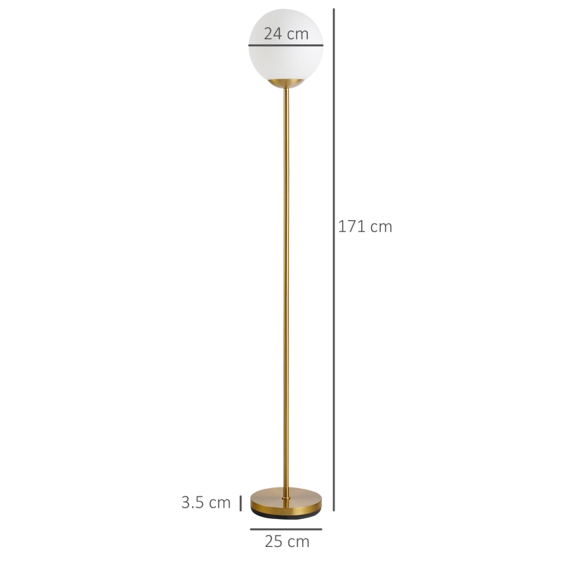 HOMCOM 171cm Glass Globe Floor Lamp Metal Frame Sphere Light Pedal Switch Home Office Living Room Modern Unique Standing Beautiful Furnishing - Gold