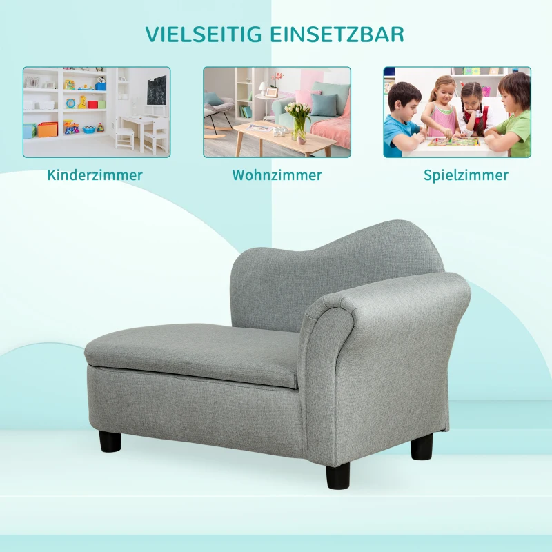 HOMCOM Kindersofa, Récamiere, verstecktes Staufach, Rahmen aus Eukalyptusholz, grau, 80 x 40 x 49cm