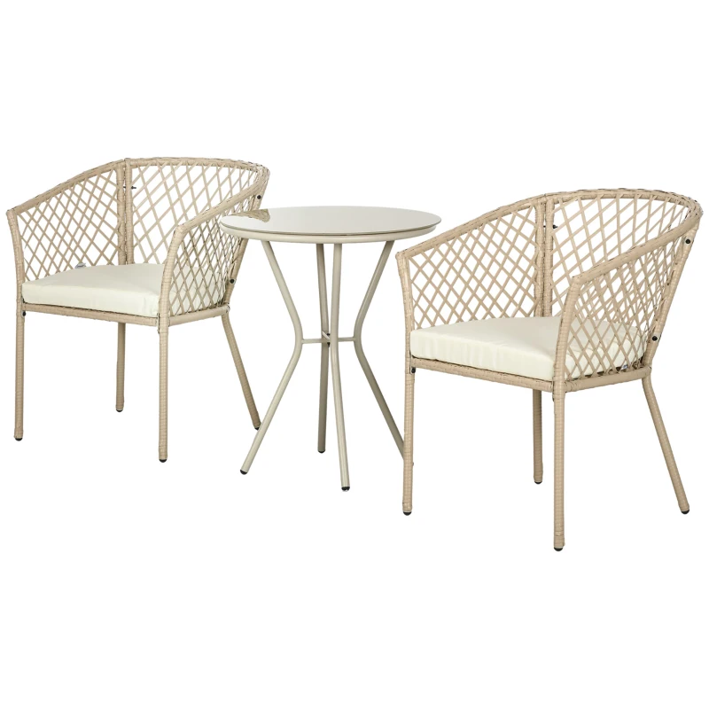 Outsunny Conjunto de Jardín de 3 Piezas de Ratán Sintético Set de 2 Sillas y 1 Mesa con Encimera de Cristal Caqui y Natural