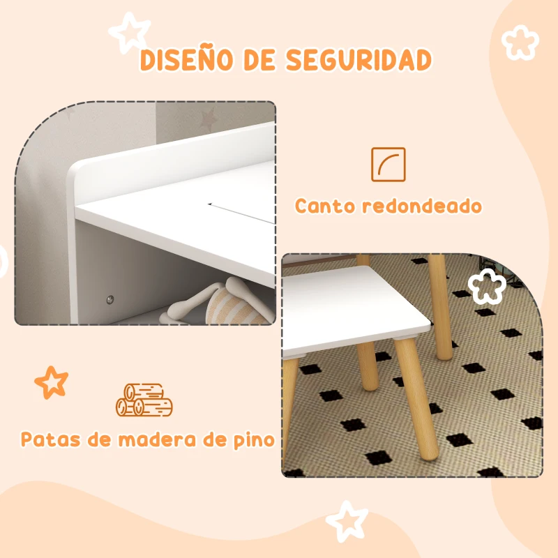 HOMCOM Juego de Mesa y Silla Infantil Mesa para Niños con Tablero de Bloques de Construcción y Rollo de Papel Blanco