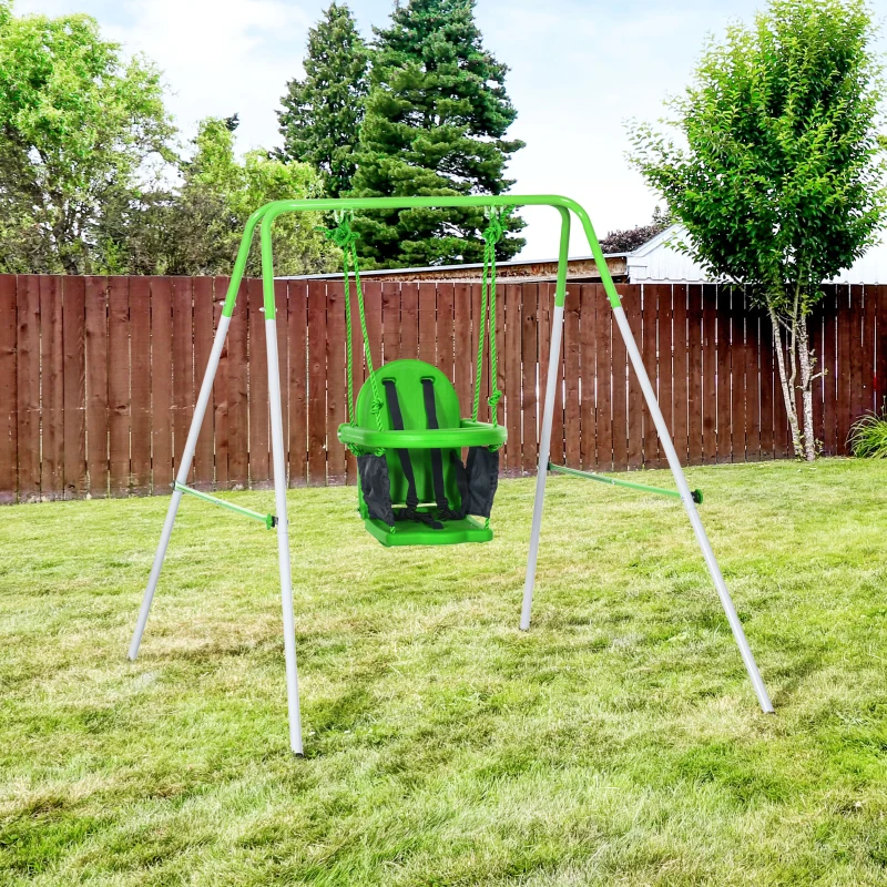 Outsunny Kids Swing, Steel Nursery Swing, with Seatbelt, High Support Back, Front Guard, for Ages 6-36 Months - Green