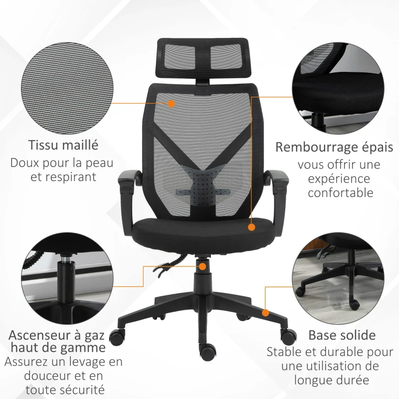 HOMCOM Fauteuil de bureau manager grand confort dossier ergonomique inclinable hauteur assise réglable pivotant tissu maille noir