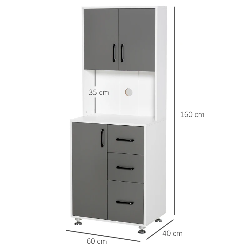 HOMCOM Küchenschrank Hochschrank mit 2 Türen Regal Mikrowellenregal Küchenbuffet mit unterem Aufbewahrungsschrank und 3 Schubladen Kommode Spanplatte Stahl Grau+Weiß 60 x 40 x 160 cm