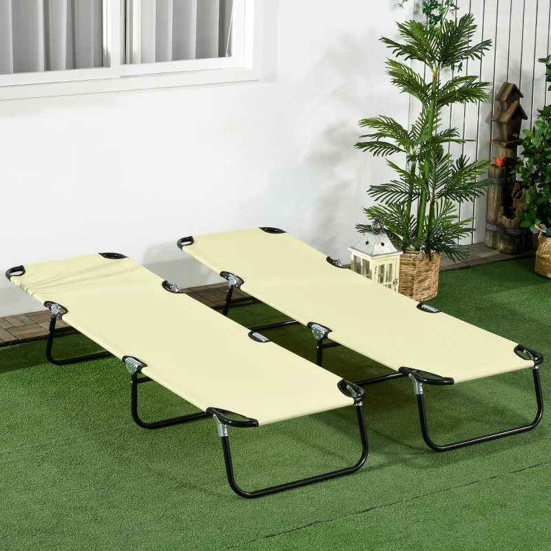 Outsunny Set of Two Metal Frame Folding Sun Loungers - Beige