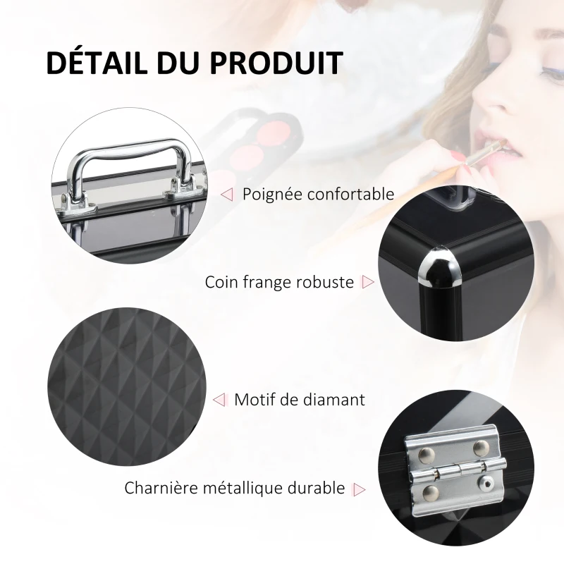 HOMCOM Mallette à maquillage - coffre à cosmétiques - rangement produits de beauté - dim. 30L x 18l x 22H cm - poignée serrure alu. acrylique noir