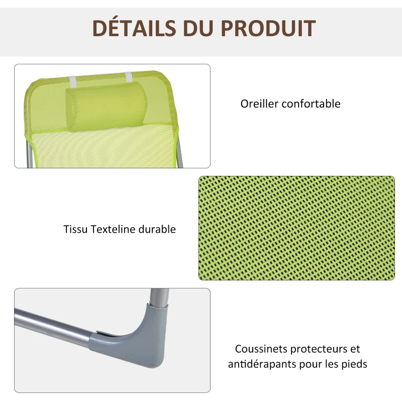 Outsunny Bain de soleil transat chaise longue inclinable pliable avec oreiller dossier réglable sur 5 niveaux vert