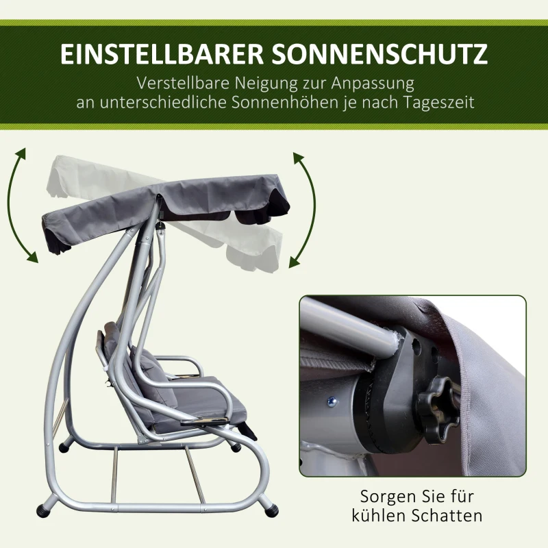 Outsunny Hollywoodschaukel, Liegefunktion, neigbares Dach, bis 340 kg, Stahlrahmen, 200 x 120 x 164 cm, Grau