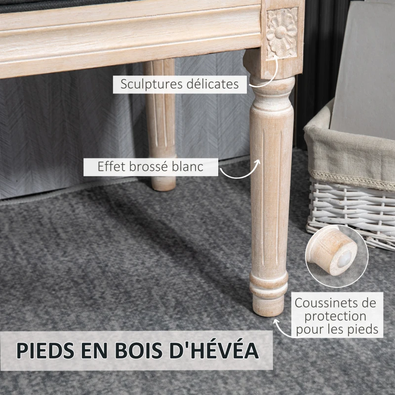 HOMCOM Banc bout de lit banquette capitonnée style vintage français revêtement tissu aspect lin pieds en bois massif gris