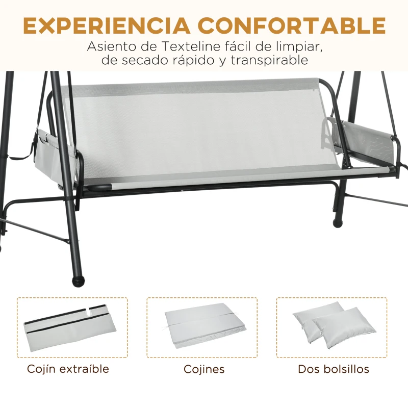 Outsunny Columpio de Jardín de 3 Plazas Convertible en Cama con Toldo Reclinable 2 Cojines y Marco de Acero 236x138x185 cm Gris