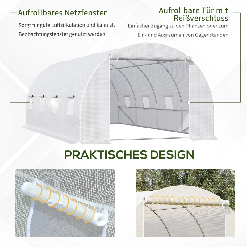 Outsunny Gewächshaus 595x300x200cm Foliengewächshaus Tomatenhaus mit Tür, Fenster, Folientunnel aus verzinktem Stahl, Pflanztunnel, Treibhaus inkl. Erdanker Seilen, Gartentunnel, Weiß